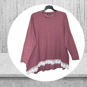 Amzplus Maroon Brown-Red Long Top w Lace Women 5X